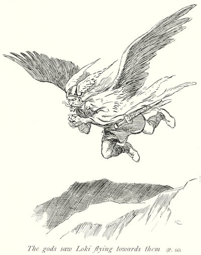Bogowie zobaczyli Lokiego lecącego w ich stronę (litografia) autorstwa Gordon Frederick (after) Browne