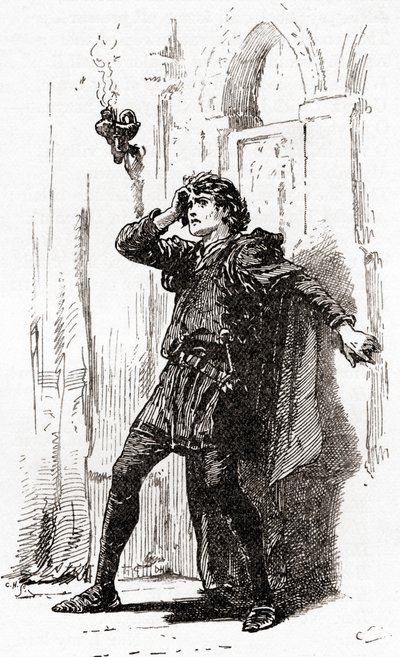 Scena z dramatu Williama Shakespearesa Hamlet, Akt I, Scena 5, Hamlet: Pamiętaj o sobie! Ay, thou poor ghost, while memory holds a seat in this distracted globe, z The Works of William Shakespeare, pu autorstwa Gordon Frederick Browne