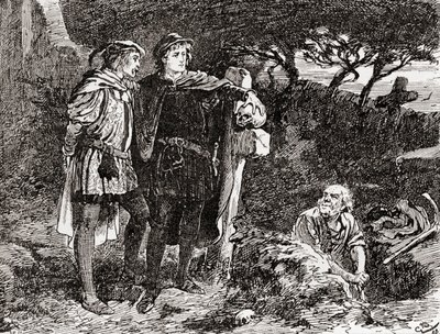 Scena z Williama Szekspira gra Hamleta, akt V, scena 1, Hamlet: Znam go, Horatio, człowiek nieskończonego żartu, najdoskonalszej wyobraźni, z Dzieł Williama Szekspira, wydanych w 1896 r. (e autorstwa Gordon Frederick Browne
