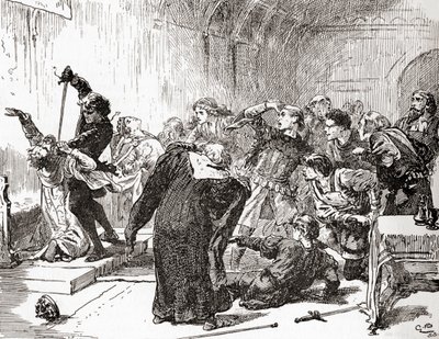 Scena z Williama Szekspira grającego Hamleta, Akt V, Scena 2, Hamleta: Punkt też zatruty! Niż jad na twoją pracę. (Pełnia króla), z The Works of William Shakespeare, opublikowanej w 1896 r autorstwa Gordon Frederick Browne