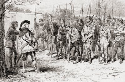 Scena ze sztuki Williama Szekspira Król Henryk IV, część 1, akt IV, scena 2, obdarty pułk Falstaffa, z Dzieł Williama Szekspira, opublikowana w 1896 r. autorstwa Gordon Frederick Browne