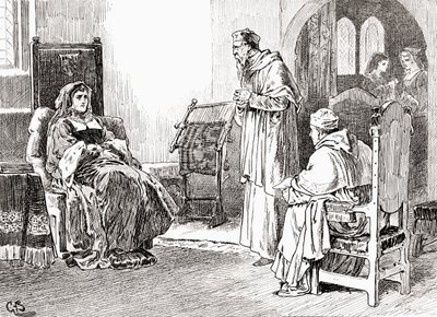 Scena z Williama Szekspira grającego Króla Henryka VIII, Akt III, Scena 1, Królowa Katarzyna: Czyńcie, panowie, co chcecie, moi panowie i módlcie się, wybaczcie mi, jeśli użyłem siebie niewłaściwie, z Dzieł Williama Sha autorstwa Gordon Frederick Browne
