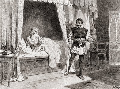 Scena z dramatu Williama Shakespearesa Otello, Akt V, Scena 2, Desdemona: Mówisz o zabijaniu? Otello: Ay I do, z The Works of William Shakespeare, wyd. 1896 autorstwa Gordon Frederick Browne