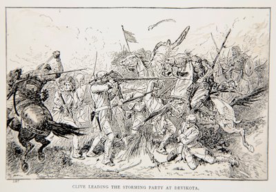 Clive prowadzący imprezę szturmową w Devikota, ilustracja z „With Clive in India, czyli początki imperium” autorstwa G.A. Henty, wyd. Londyn, 1884 autorstwa Gordon Frederick Browne