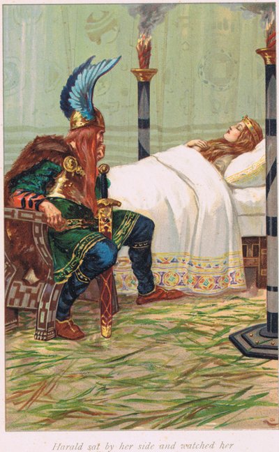 Harald siedział obok niej i obserwował ją, ilustracja z „Księgi sag” Alice S. Hoffman, wydanej w 1926 r. autorstwa Gordon Frederick Browne