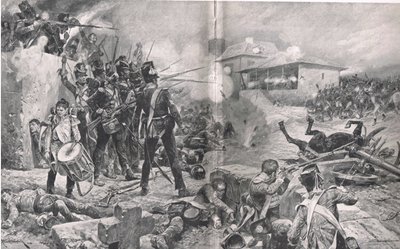 Jak 57. pułk zdobył przydomek „The Die Hards” w bitwie pod Albuera, 16 maja 1811, ilustracja z „British Battles on Land and Sea”, wydanej przez Cassell, Londyn, ok. 1910 autorstwa Gordon Frederick Browne