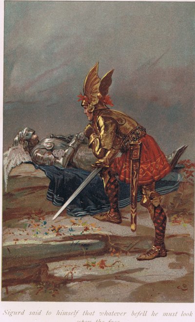 Sigurd powiedział sobie, że cokolwiek się stanie, musi spojrzeć w twarz, ilustracja z „Księgi sag” Alice S. Hoffman, wydanej w 1926 r. autorstwa Gordon Frederick Browne