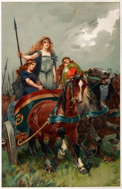 „Włócznia w ręku, Boadicea doprowadziła ich do ataku”, ilustracja z „Heroes und Heroines of English History” autorstwa Alice S. Hoffman autorstwa Gordon Frederick Browne