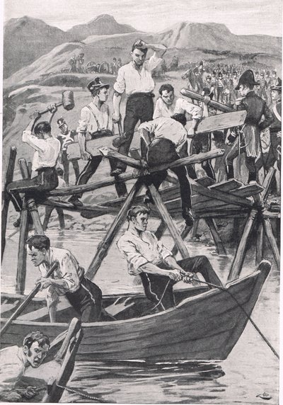 The Construction of the Bridge over the Guadiana, 3 kwietnia 1811, ilustracja z „British Battles on Land and Sea”, wydanej przez Cassell, Londyn, ok. 1910 autorstwa Gordon Frederick Browne