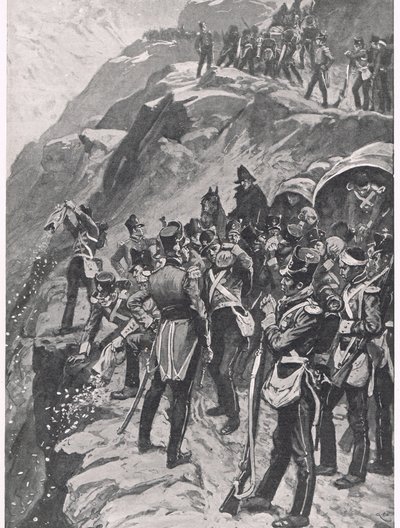 The Retreat to Corunna: Hurling the Silver down the Mountainside, ilustracja z „British Battles on Land and Sea”, wydanej przez Cassell, Londyn, ok. 1910 autorstwa Gordon Frederick Browne