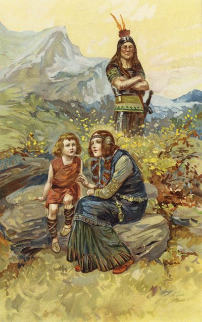 Więźniarka i jej syn Olaf siedzieli w porannym słońcu (chromolitho) autorstwa Gordon Frederick Browne