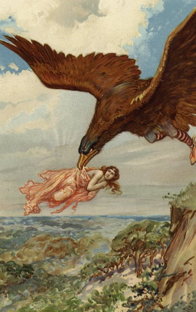 Thjassi, olbrzym, w swoim orlim upierzeniu, sfrunął i dogonił Idunę (chromolitho) autorstwa Gordon Frederick Browne