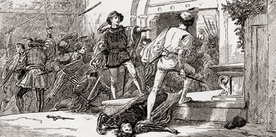 Tybalt zabity przez Romea, scena z Romea i Julii Williama Szekspira, Akt III, Scena 1, z Dzieł Williama Szekspira, opublikowana 1896 autorstwa Gordon Frederick Browne