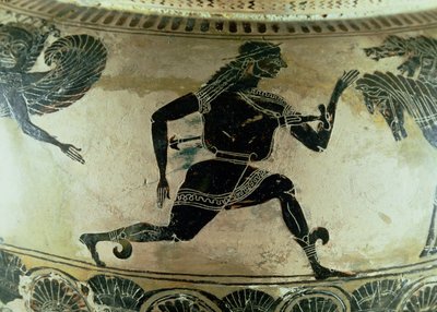 Perseusz Uciekający przed Gorgonami, szczegół z czarnofigurowego dinozaura ze strychu, grecki, ok. 590 p.n.e. (ceramika) autorstwa Gorgon Painter