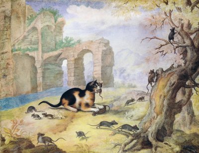 Kot zabija myszy w krajobrazie (pióro i atrament z praniem na papierze) autorstwa Gottfried Mind or Mindt