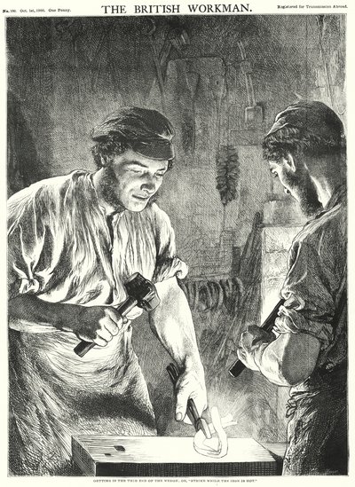 Wchodzenie w cienki koniec klina lub „Uderz, póki żelazo jest gorące” (grawerunek) autorstwa Gourlay Steel