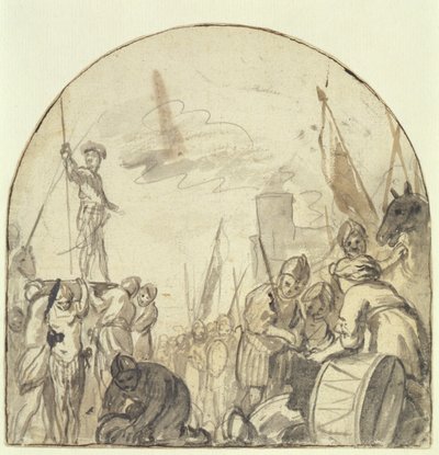 Brinio podniesiony na tarczy przez wojowników (pióro, pędzel i atrament na ołówku na papierze) autorstwa Govaert Flinck