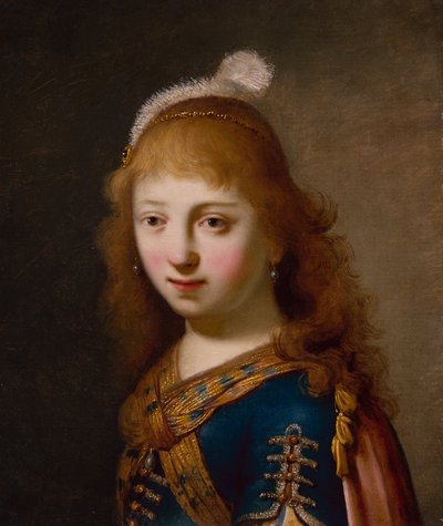 Młoda dziewczyna w niebieskiej sukience i czerwonej pelerynie (olej na płótnie) autorstwa Govaert Flinck