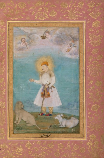 Akbar z lwem i cielęciem, ok. 1630 autorstwa Govardhan