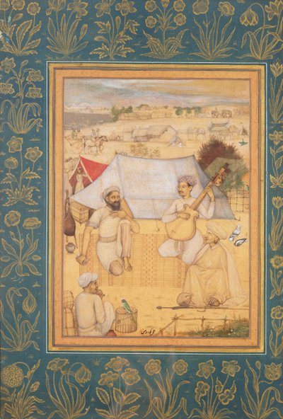 Muzycy i śpiewacy klękają na obrzeżach obozu Mogołów. Jogin i sługa Posłuchaj ich, z albumu Minto, ok. 1630 autorstwa Govardhan