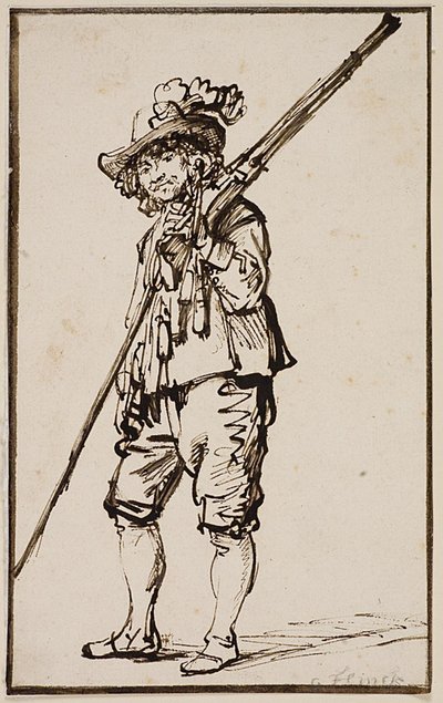 Stojący żołnierz z muszkietem na ramieniu autorstwa Govert Flinck