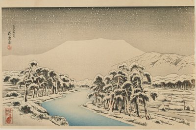 Góra Ibuki w śniegu, era Taisho, styczeń 1920 (kolorowy drzeworyt) autorstwa Goyo Hashiguchi