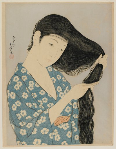 Kobieta czesząca, epoka Taisho, marzec 1920 (kolorowy drzeworyt) autorstwa Goyo Hashiguchi