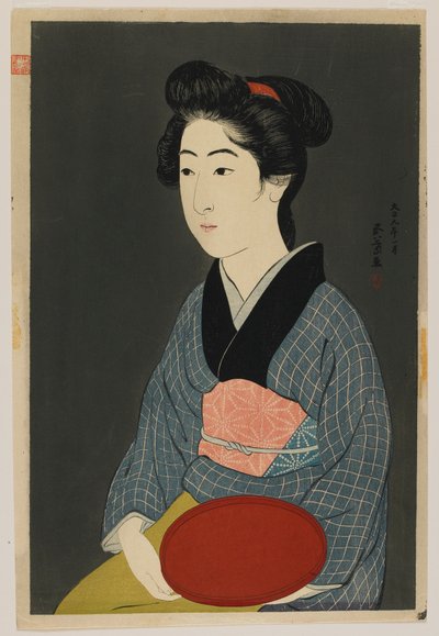 Kobieta trzymająca tacę, epoka Taisho, styczeń 1920 (kolorowa odbitka drzeworytnicza) autorstwa Goyo Hashiguchi