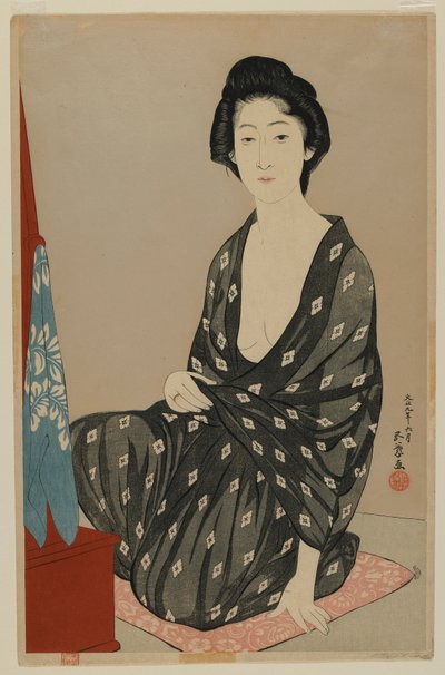 Kobieta w letniej sukience, epoka Taisho, czerwiec 1920 (kolorowy drzeworyt) autorstwa Goyo Hashiguchi