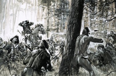 W 1765 r. generał Edward Braddock wpadł w zasadzkę francuskich żołnierzy i zaciekłych kanadyjskich Indian autorstwa Graham Coton