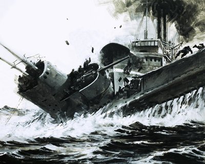 Na Morzu Chińskim w 1930 r. ważący 2000 ton parowiec Yuta uderzył w burtę okrętu podwodnego Poseidon autorstwa Graham Coton