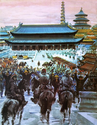 Marco Polo z ojcem i wujem zbliżający się do pałacu Wielkiego Chana, XX wiek (litografia) autorstwa Graham Coton