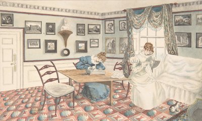 Dwie młode kobiety piszące i szyjące we wnętrzu Hatton, Warwickshire, 1820-30. autorstwa Granddaughters of Dr. Samuel Parr.