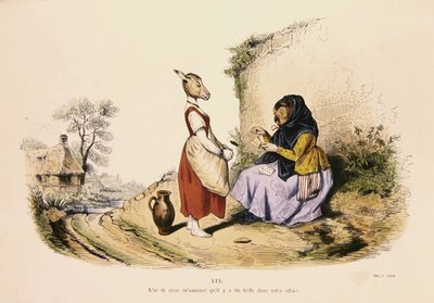 „Sowa wróżąca osła”, karykatura z serii „Les Metamorphoses du Jour”, przedruk 1854 (kolorowa rycina) autorstwa Grandville