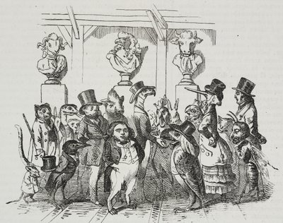 Wyjście z teatru, karykatura Jean-Jacques Grandville (1803-1847), litografia Giovanniego Marianiego z Polioramy Pittoresco, nr 39, 7 maja autorstwa Grandville