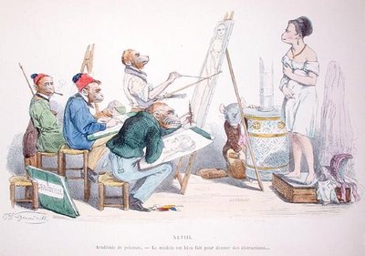 „Model jest doskonale uformowany, aby odwrócić uwagę”, karykatura z serii „Les Metamorphoses du Jour”, przedrukowana w 1854 r. (kolorowa grawerunek) autorstwa Grandville