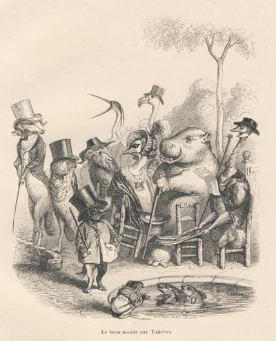 Zwierzęta w eleganckich strojach spacerujące po Tuileries. Winiety ilustrowane przez JJ Granville. Rycina sygnowana Andrzejem, Bestem i Leloirem w części „Historia zająca” napisana przez PJ Stahla w „Scenach z życia prywatnego i publicznego zwierząt”. Zakł autorstwa Grandville