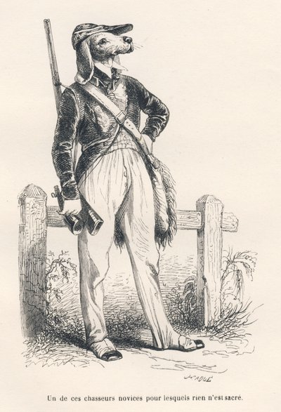 Pies w ubraniach myśliwskich. Miniatury ilustrowane przez JJ Granville. Grawer sygnowany Caque w części zatytułowanej „Wspomnienia starej wrony” napisany przez PJ Stahla w „Sceny z życia prywatnego i publicznego zwierząt”. Paryż, J. Hetzel i Paulin autorstwa Grandville