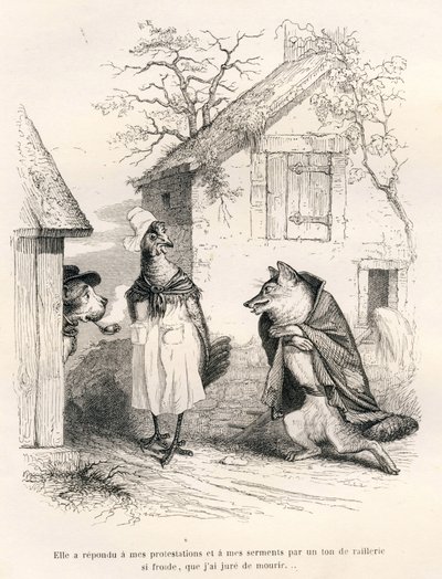 Rozmowa psa, kury i lisa. Winiety ilustrowane przez JJ Granville. Rycina sygnowana Godardem w dziale zatytułowanym „Lis złapany w pułapkę” autorstwa Charlesa Nodiera w „Scenach z życia prywatnego i publicznego zwierząt”. Paryż, J. H autorstwa Grandville