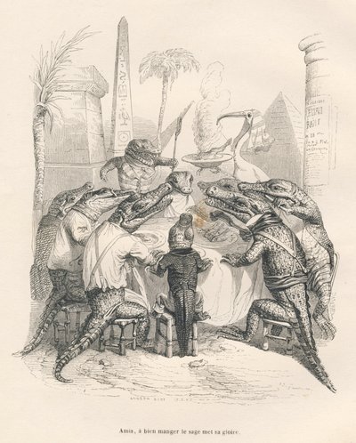Krokodyle wokół stołu w Egipcie. Miniatury ilustrowane przez JJ Granville. Grawer sygnował Andrzej, Best i Leloir w części zatytułowanej „Wspomnienia krokodyla” napisanej przez Emila de La Bedolliere w „Sceny z życia prywatnego i publicznego zwierząt”. autorstwa Grandville