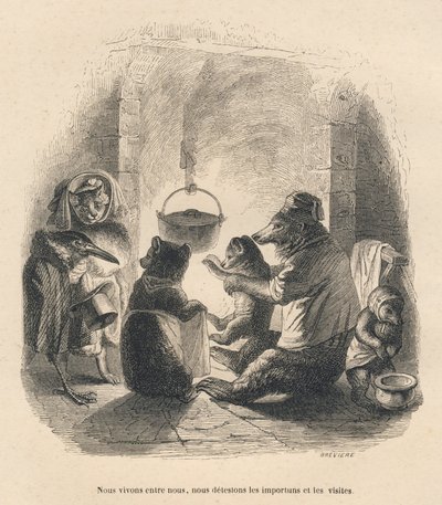 Dwóch gości przychodzi, by rozdrażnić niedźwiedzią rodzinę siedzącą przed kominkiem, w którym na wieszaku wisi garnek. Miniatury ilustrowane przez JJ Granville. Grawer sygnowany Breviere w części zatytułowanej „L