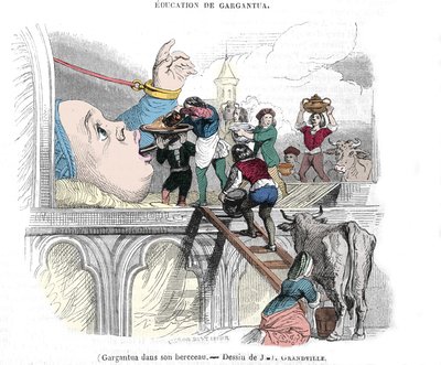 Gargantua bohater powieści Francois Rabelais (1483-1553), francuski pisarz: „”Edukacja Gargantua””” Gargantua w swojej kołysce. Ilustracja Gerarda Grandville