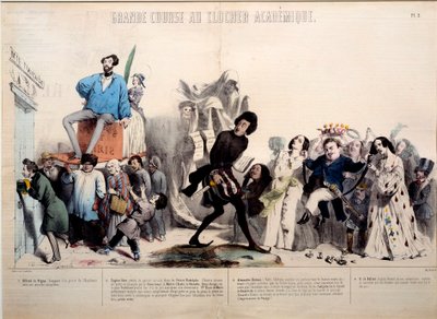 Wielki wyścig do dzwonnicy akademickiej. Pisarze Alfred de Vigny (1797-1863), Eugene Sue (1804-1857), Alexandre Dumas (1802-1870) i Honore de Balzac (1799-1850) są rozpoznawani. Grafika Gerarda Grandville
