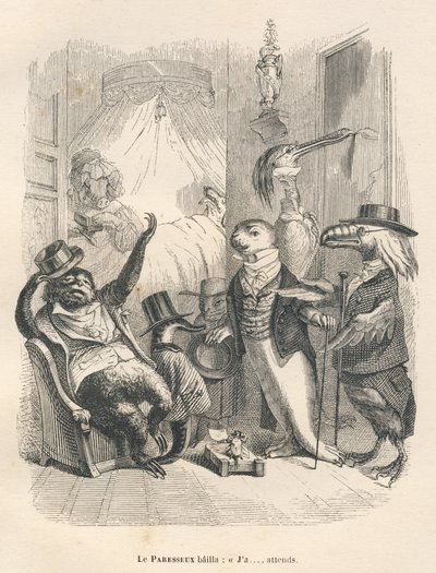 Leniwiec ziewnął, że czeka. Winiety ilustrowane przez JJ Granville. Rycina sygnowana Godard w części zatytułowanej "Les animaux medecins" napisanej przez Pierre Bernard w "Scenes de la vie privee et publique des animaux". Paryż, J. Hetzel et Paulin autorstwa Grandville