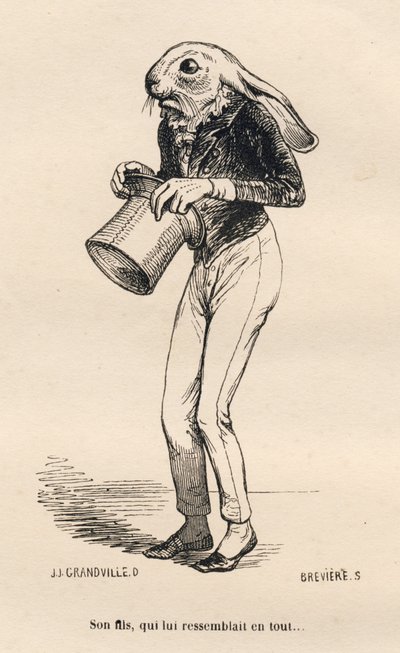 Tchórzliwy Lievre w eleganckim kostiumie. Winiety ilustrowane przez JJ Granville. Rycina sygnowana Breviere w części "Historia zająca" napisana przez PJ Stahla w "Scenach z życia prywatnego i publicznego zwierząt". Paryż, J. Hetzel i Paulin autorstwa Grandville