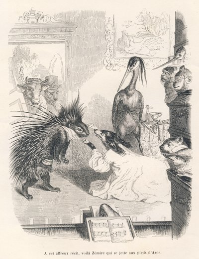 Opera z jeżozwierzem, psem i czaplą na scenie. Winiety ilustrowane przez JJ Granville. Grawer sygnował Godard w części zatytułowanej „Pierwszy pistolet seryjny” autorstwa Julesa Janina w „Scenach z życia prywatnego i publicznego zwierząt”. autorstwa Grandville