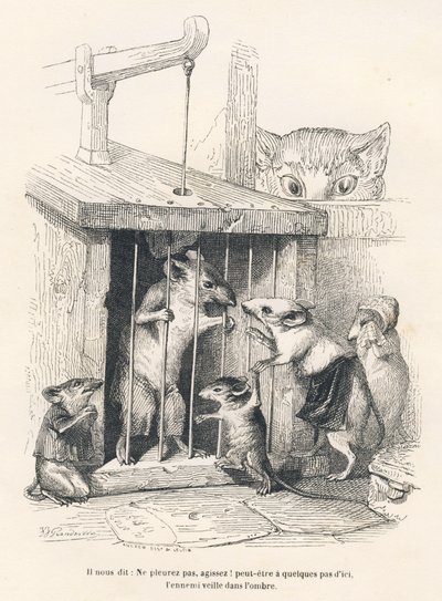 Pułapka: Kot wypatrujący myszy, które przyszły opłakiwać tego, który został wzięty do niewoli. Miniatury ilustrowane przez JJ Granville. Grawerowanie sygnowane Andrew, Best i Leloir w części zatytułowanej „Szczur filozof” napisanej przez Edouarda Lemoine w autorstwa Grandville