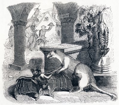 Nietoperz i dwie łasice - Bajki La Fontaine autorstwa Grandville