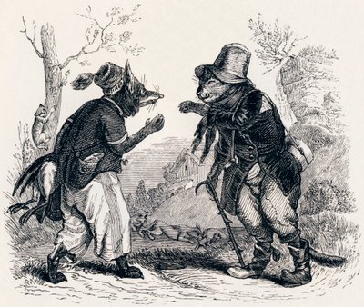 Kot i lis (Le chat et le renard) - Bajki La Fontaine autorstwa Grandville