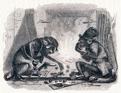 Osioł i kot (Le singe et le chat) - Bajki La Fontaine autorstwa Grandville